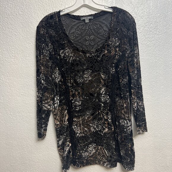 Roz & Ali Tops - Roz & Ali Sheer Black Gold Lace 3/4Sleeve Blouse